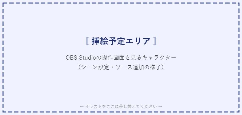 OBS Studioの操作画面を見るキャラクターのイラスト