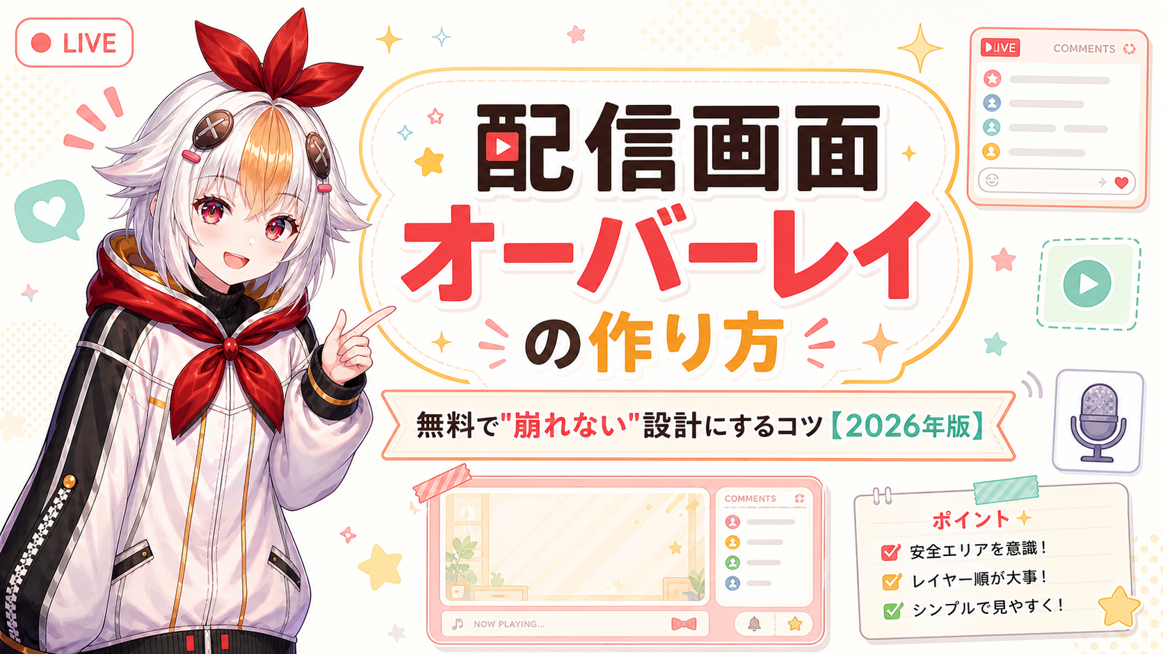 VTuber配信画面オーバーレイの作り方【2026年版】無料で崩れない設計にするコツ(こっこちゃんがタイトルを指差し)