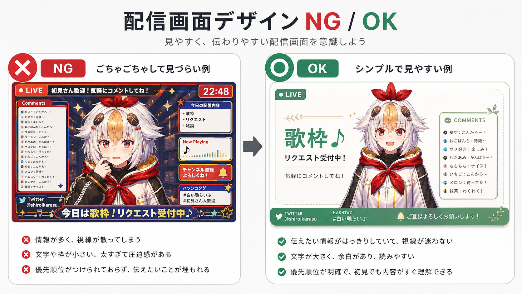 配信画面デザインのNG例とOK例の比較