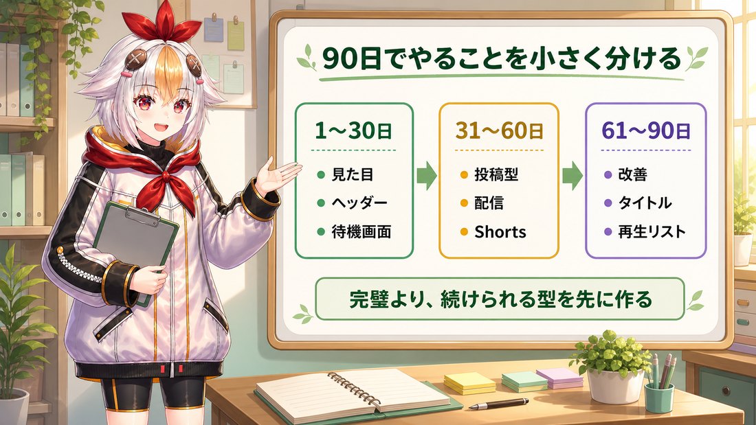 こっこちゃんが90日計画のボードをチェックしている挿絵