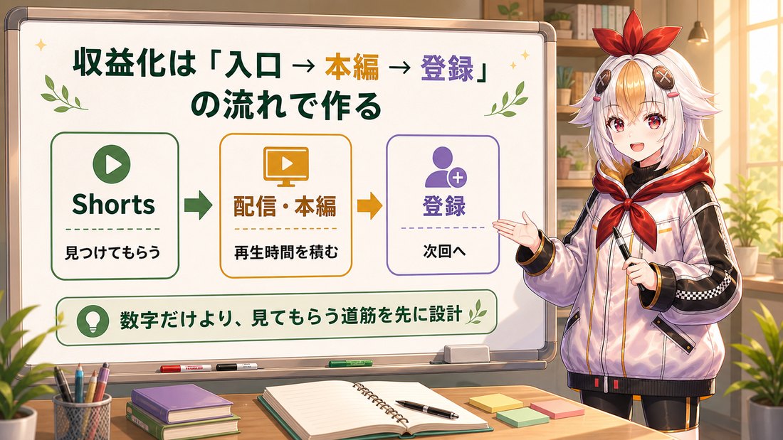こっこちゃんがYouTube収益化の流れをホワイトボードで説明している挿絵
