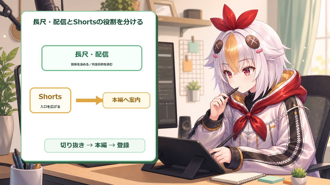 こっこちゃんが配信編集画面とShorts画面を見ながら導線を説明している挿絵