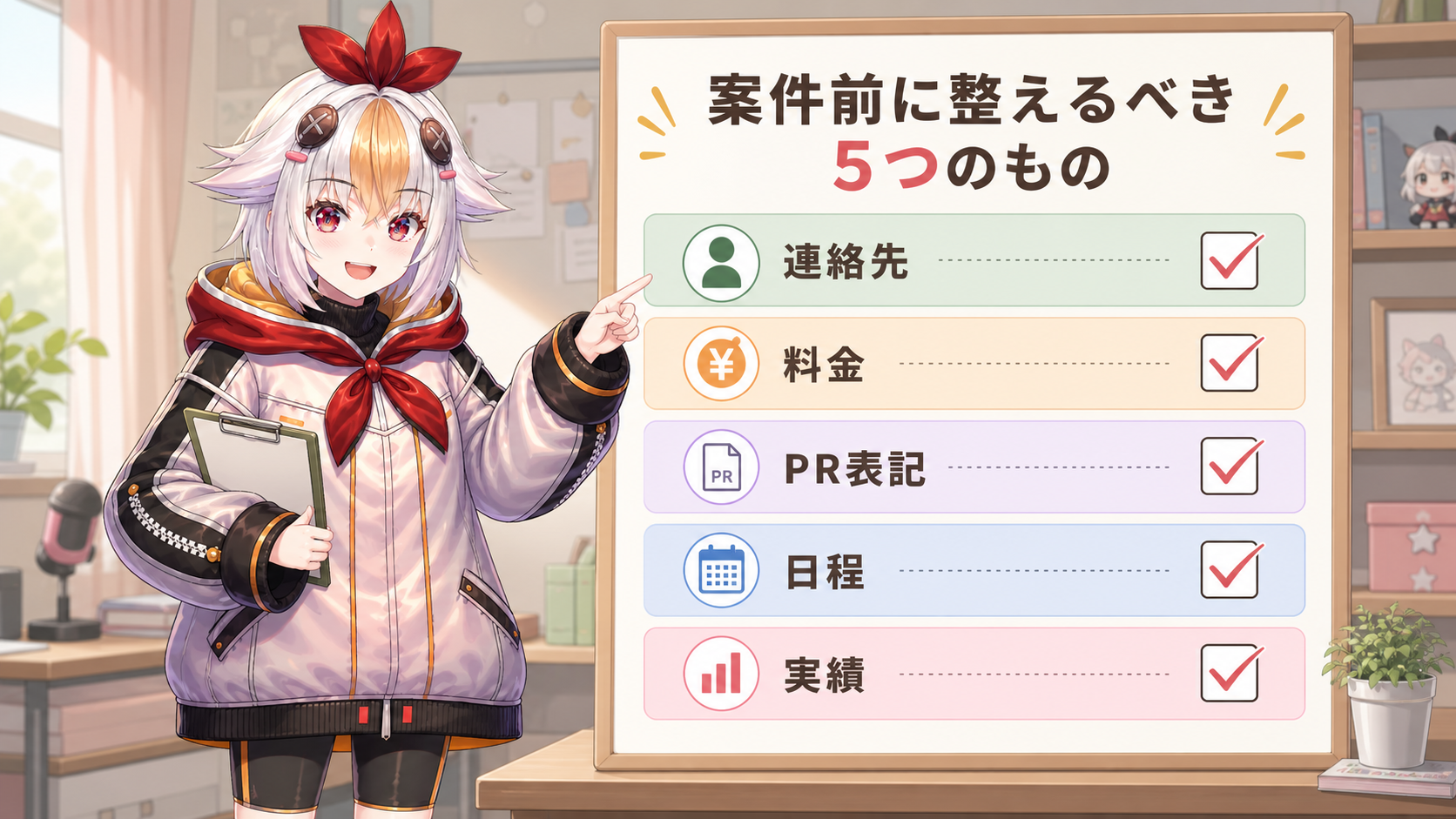 こっこちゃんが企業案件前に整えるべき5つの項目をチェックしている挿絵