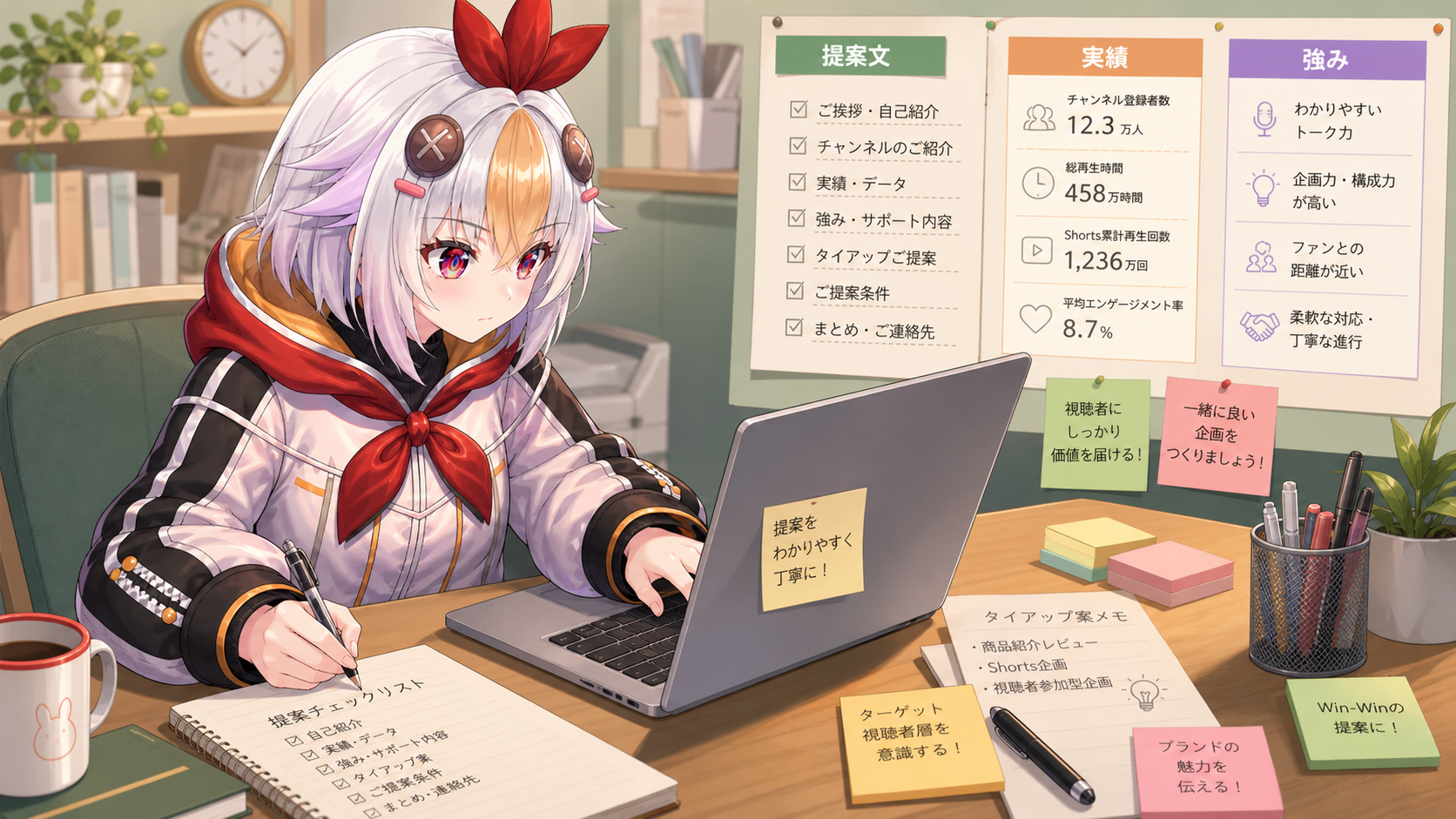 こっこちゃんが個人VTuberの企業案件提案文を準備している挿絵