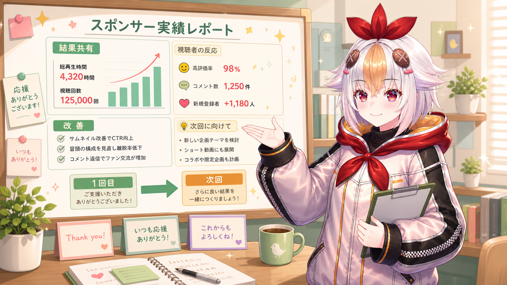 こっこちゃんが案件後の結果共有と次回提案をしている挿絵