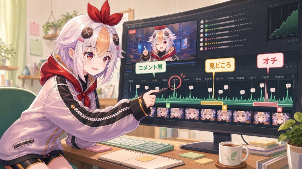 こっこちゃんが配信アーカイブのコメント増加箇所から切り抜き候補を探している挿絵