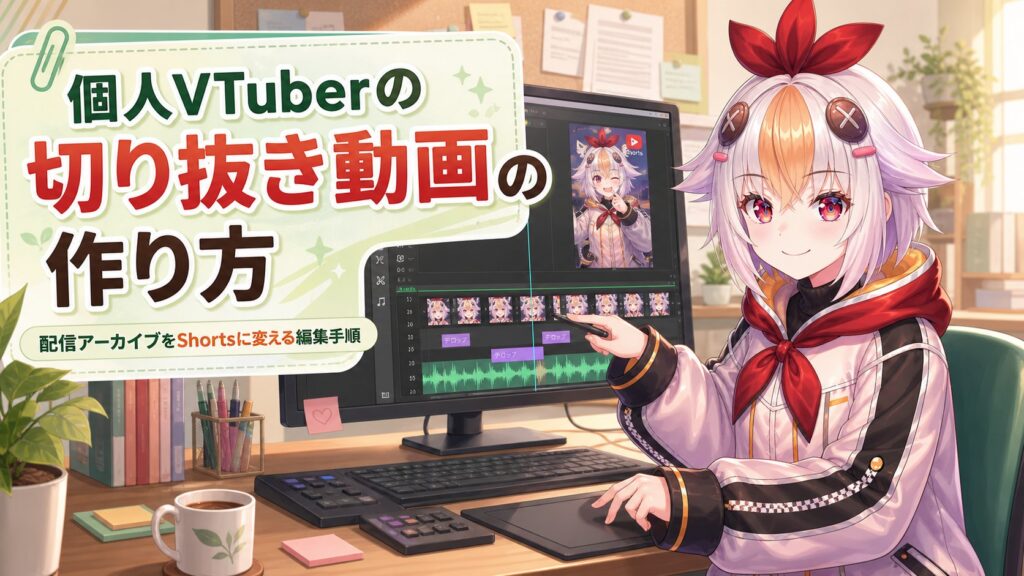 こっこちゃんが個人VTuberの切り抜き動画の作り方を編集画面で説明しているヒーロー画像