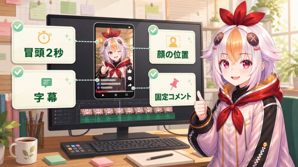 こっこちゃんがShorts投稿前のチェックリストを確認している挿絵