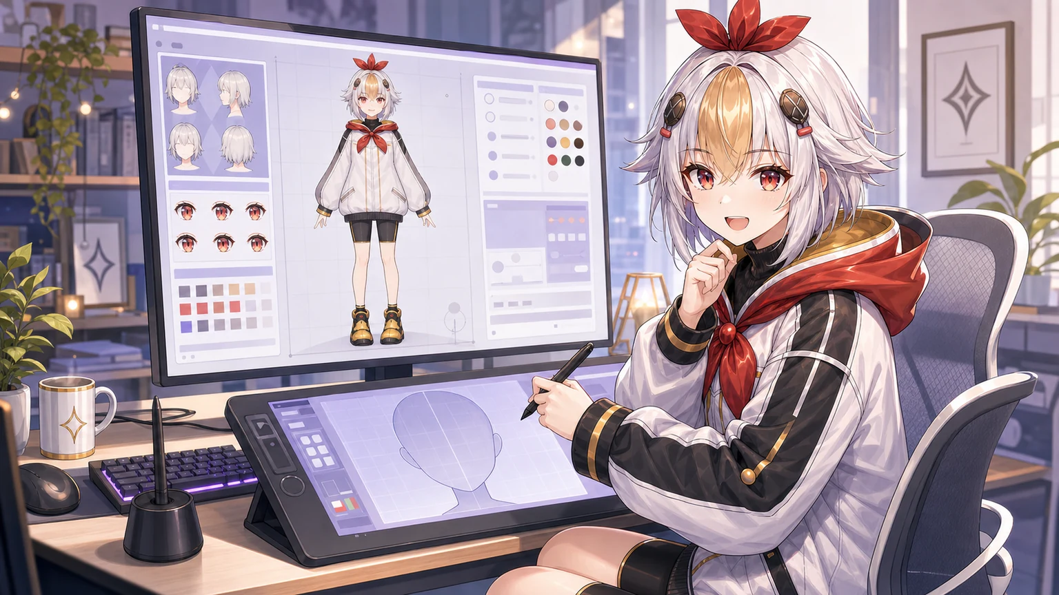 Shiroi Karasu mascot creating a VTuber avatar on a pen tablet