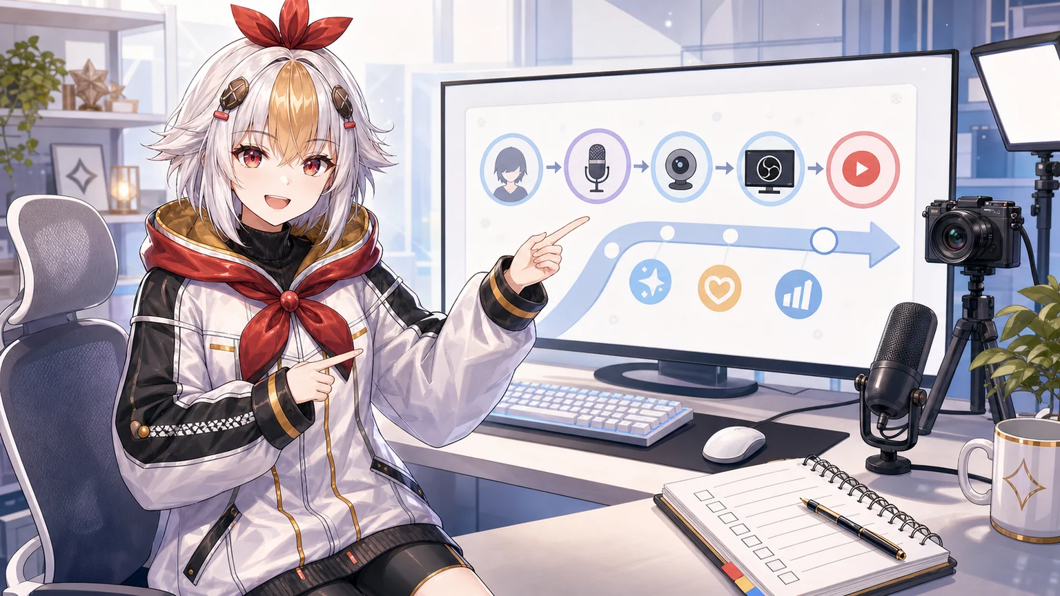 Shiroi Karasu mascot explaining a VTuber streaming setup roadmap