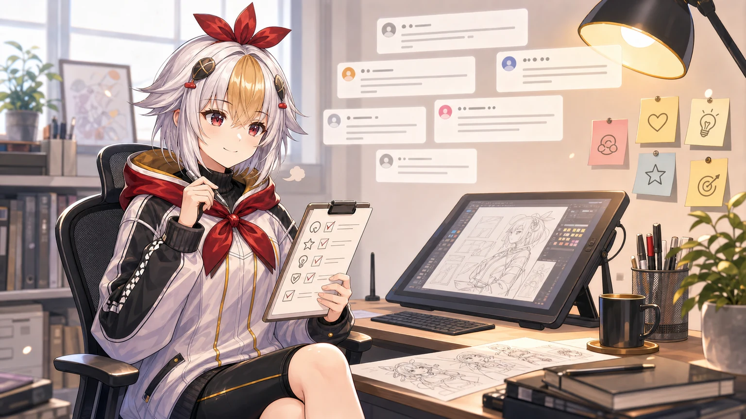 Mascot calmly organizing art director feedback