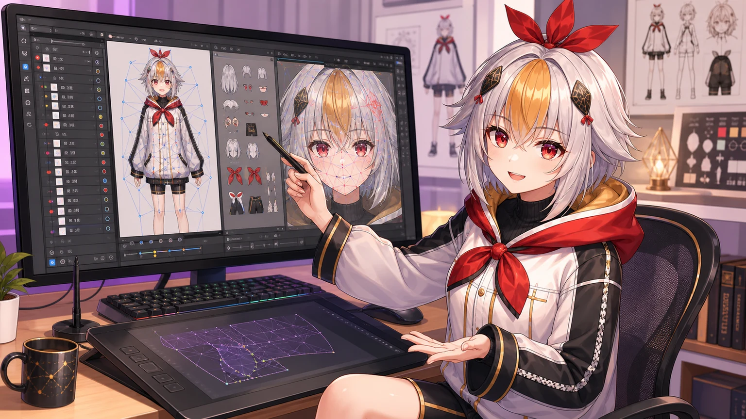 Mascot explaining Live2D model rigging on a computer