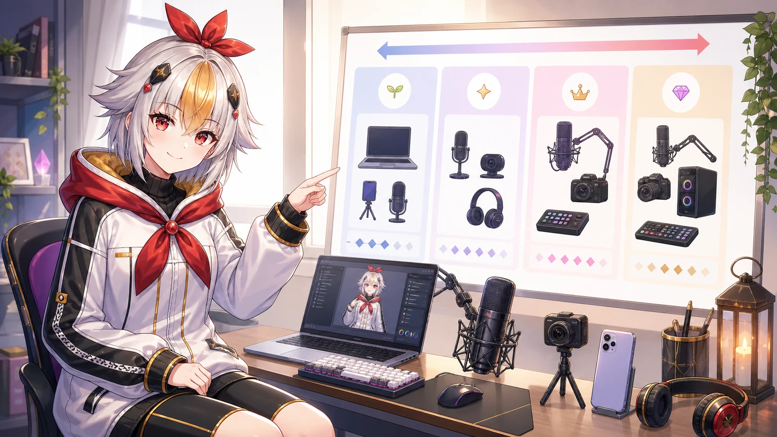 Mascot explaining VTuber budget setup options