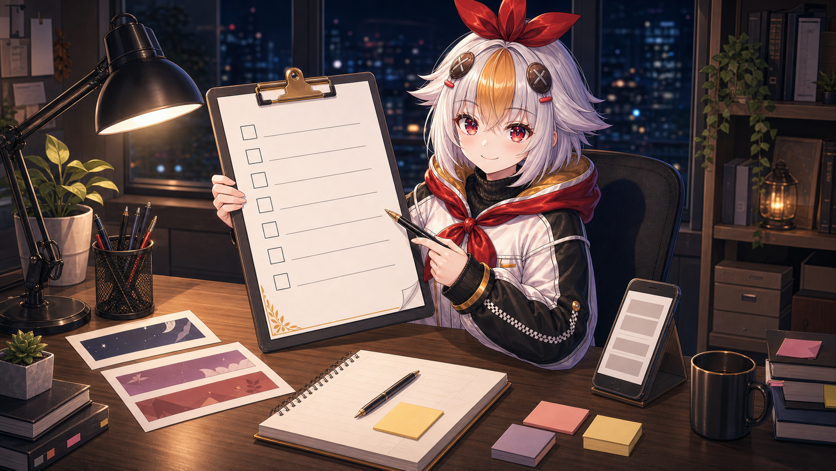 Mascot behind desk pointing to final checklist