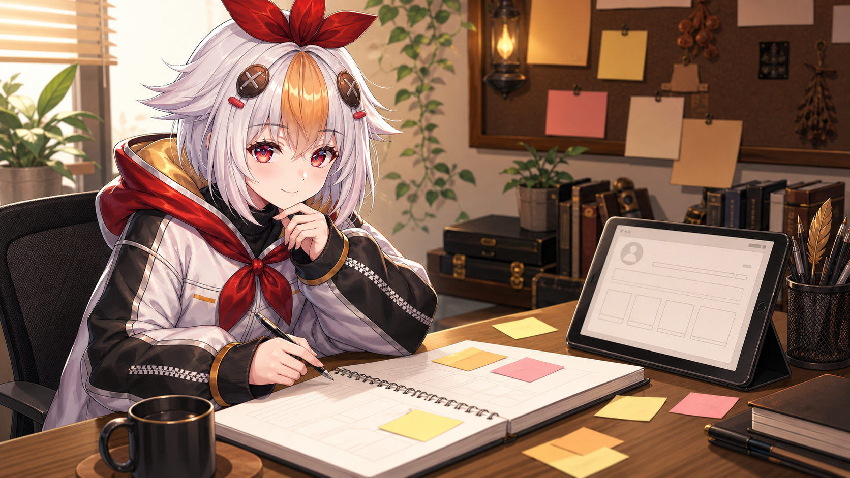 Mascot thinking about VTuber name ideas at a creator desk