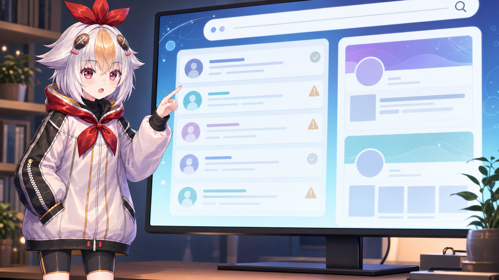 Mascot pointing at abstract search result cards on a monitor