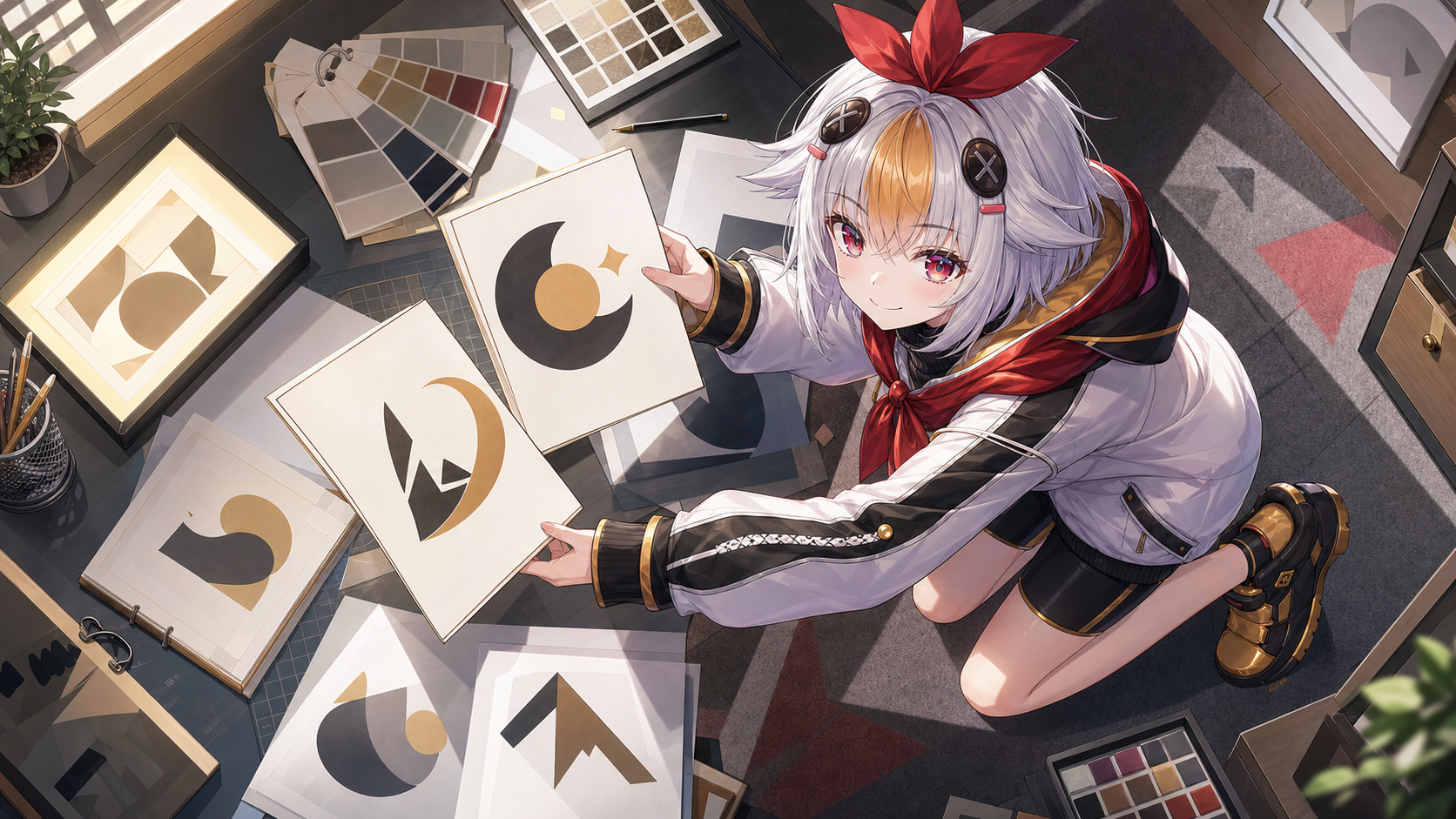 Mascot comparing abstract logo cards from a top-down angle