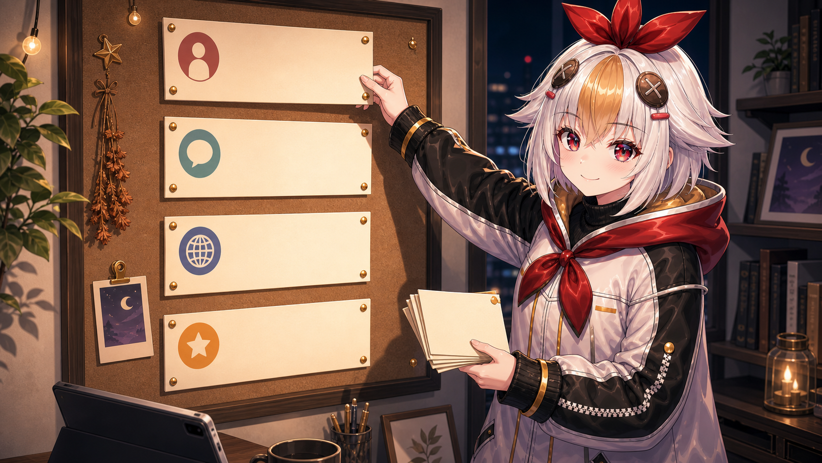 Mascot organizing notation cards on a wall board