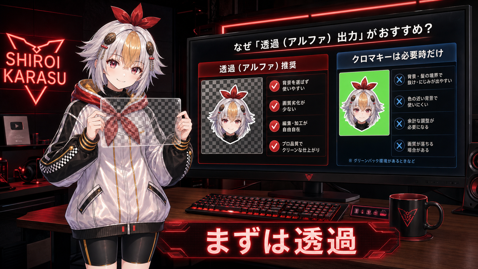 透過(アルファ)とクロマキーの比較。左手の違和感を避けた指示棒版