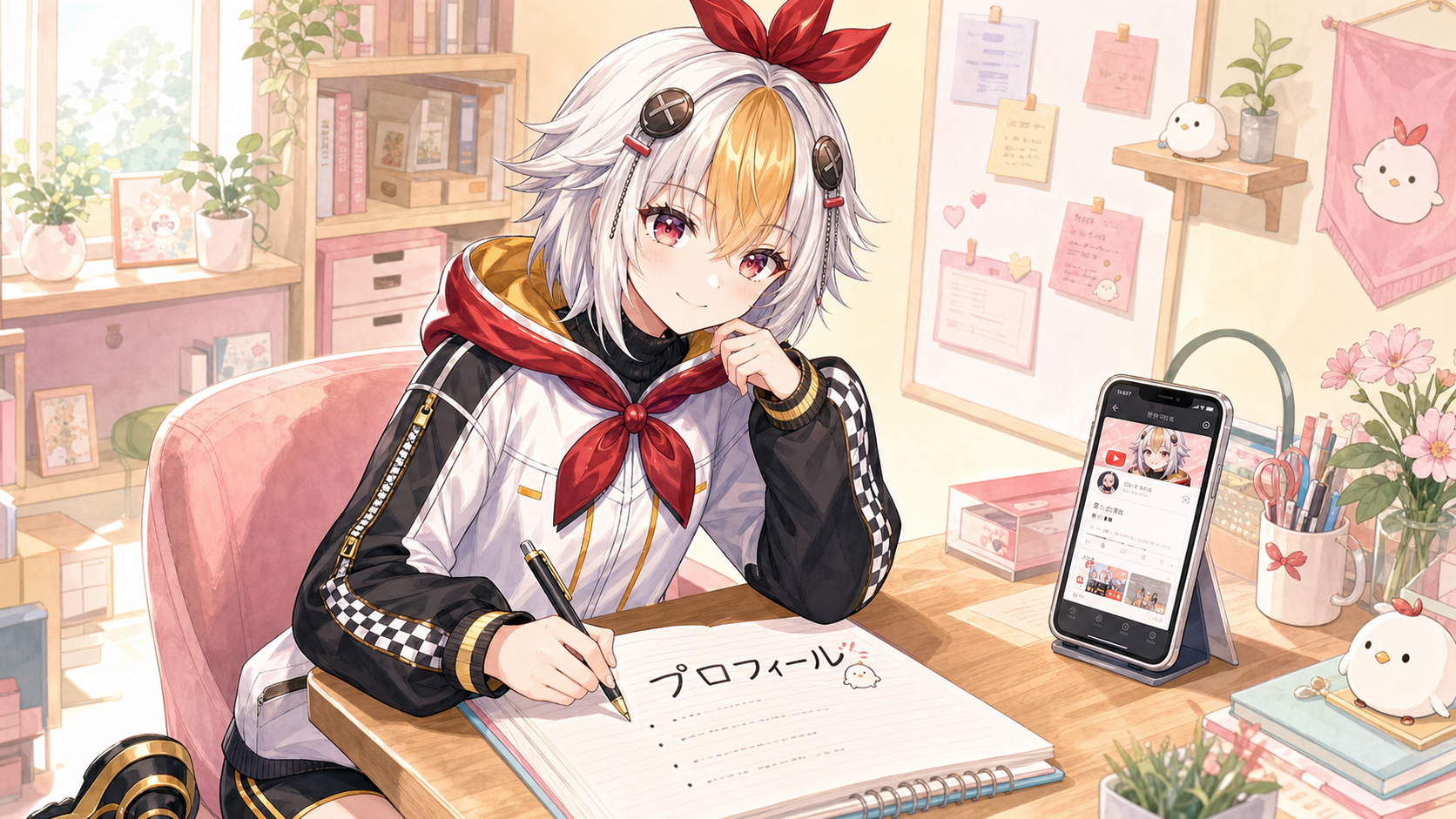 VTuberプロフィールの書き方 こっこちゃんがノートにプロフィールを書いている挿絵