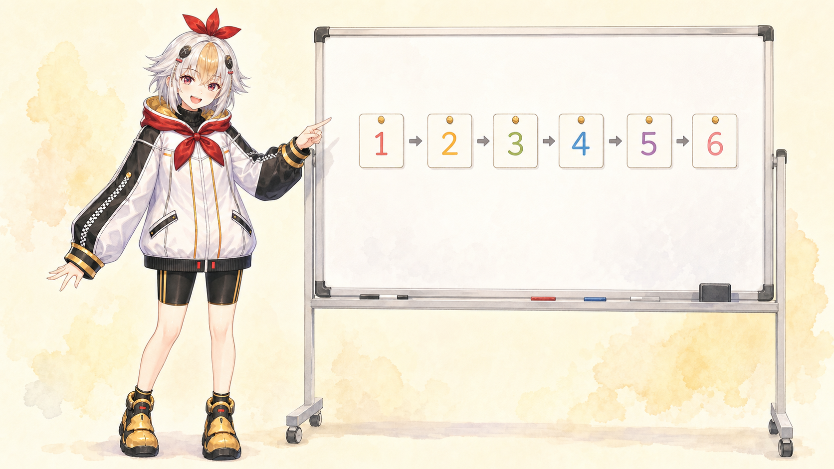 配信予約の流れ6ステップを白板で示すこっこちゃん