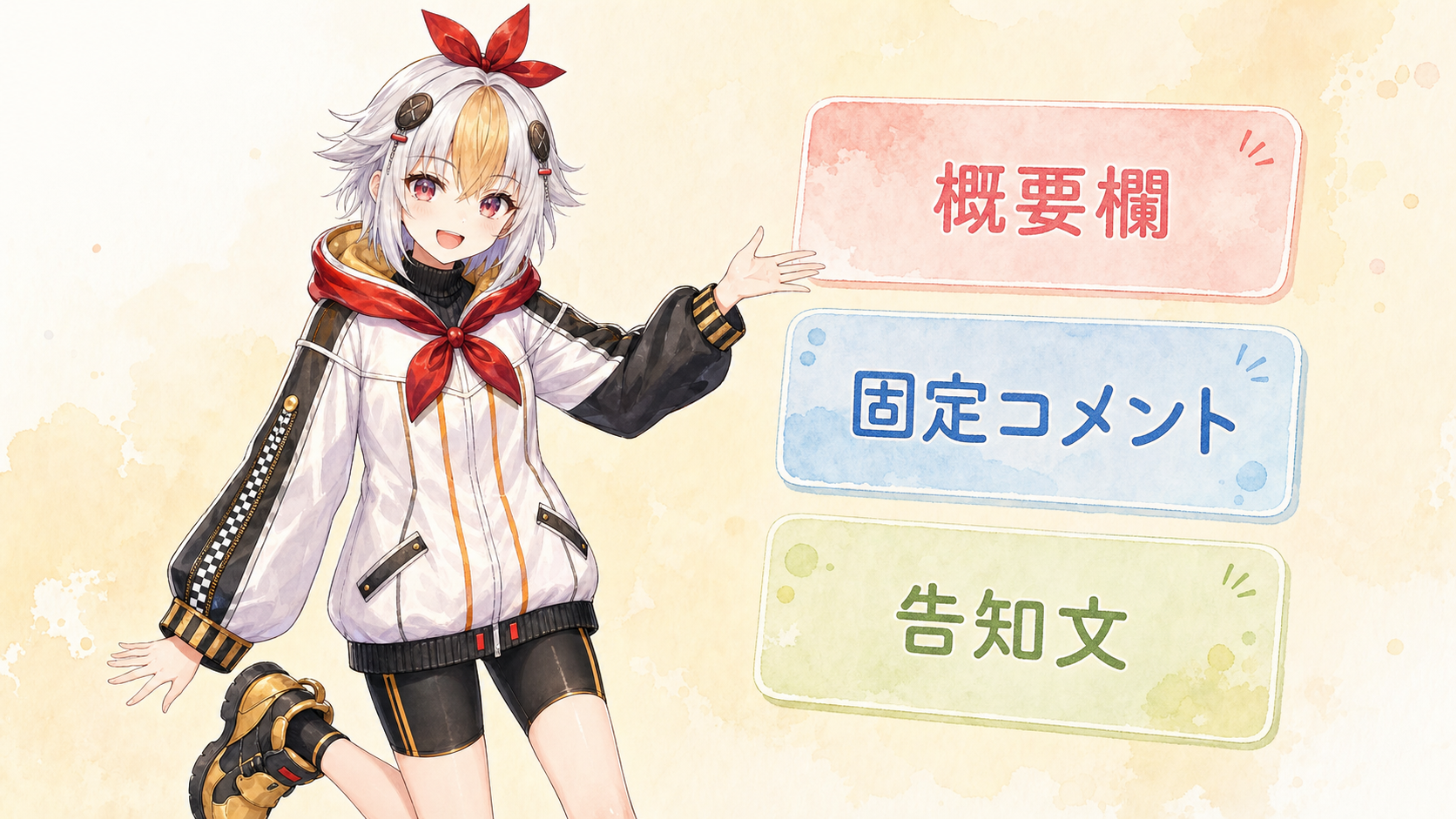 概要欄・固定コメント・告知文の3つを紹介するこっこちゃん
