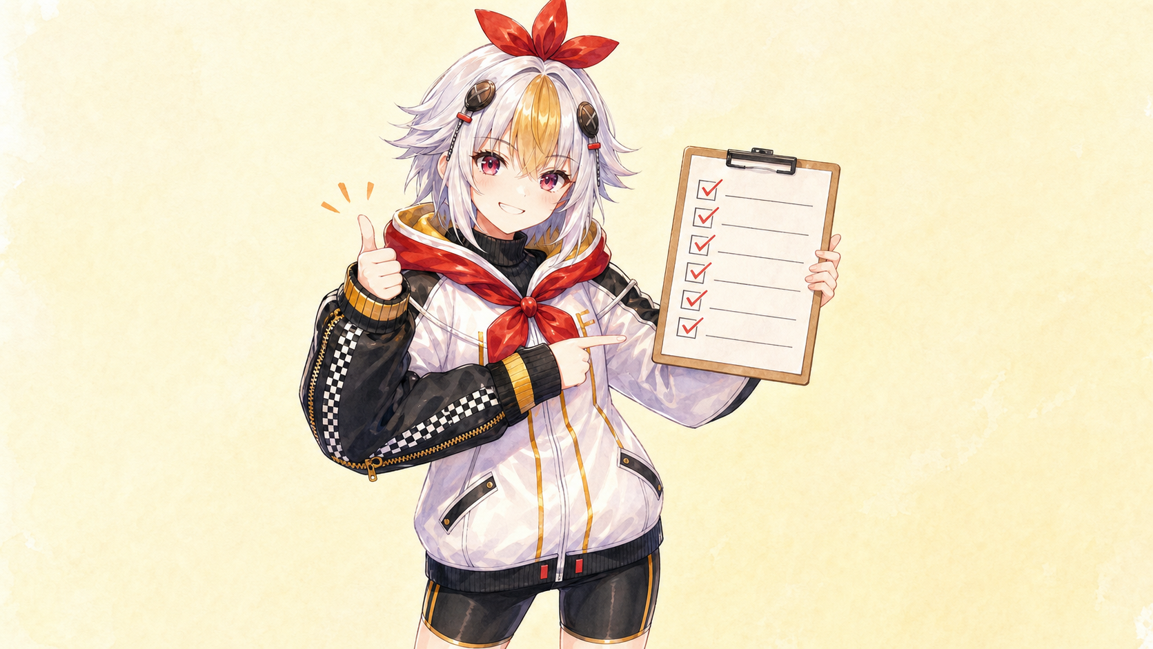 配信当日チェック7項目を指差すこっこちゃん