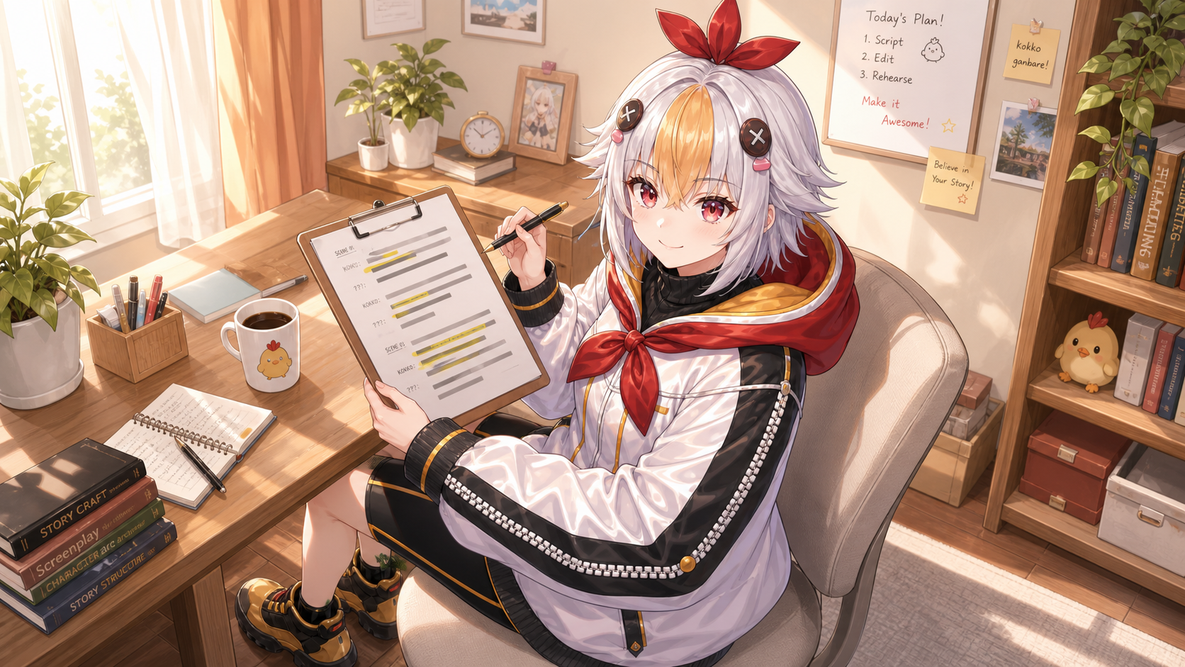 台本を手に準備するこっこちゃん