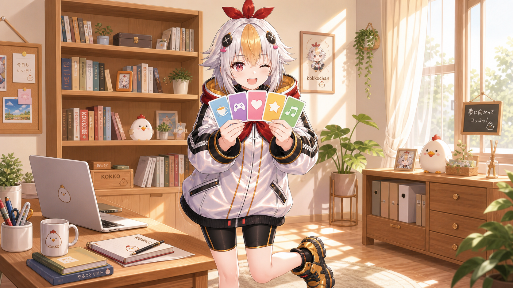 予備ネタカードを広げるこっこちゃん
