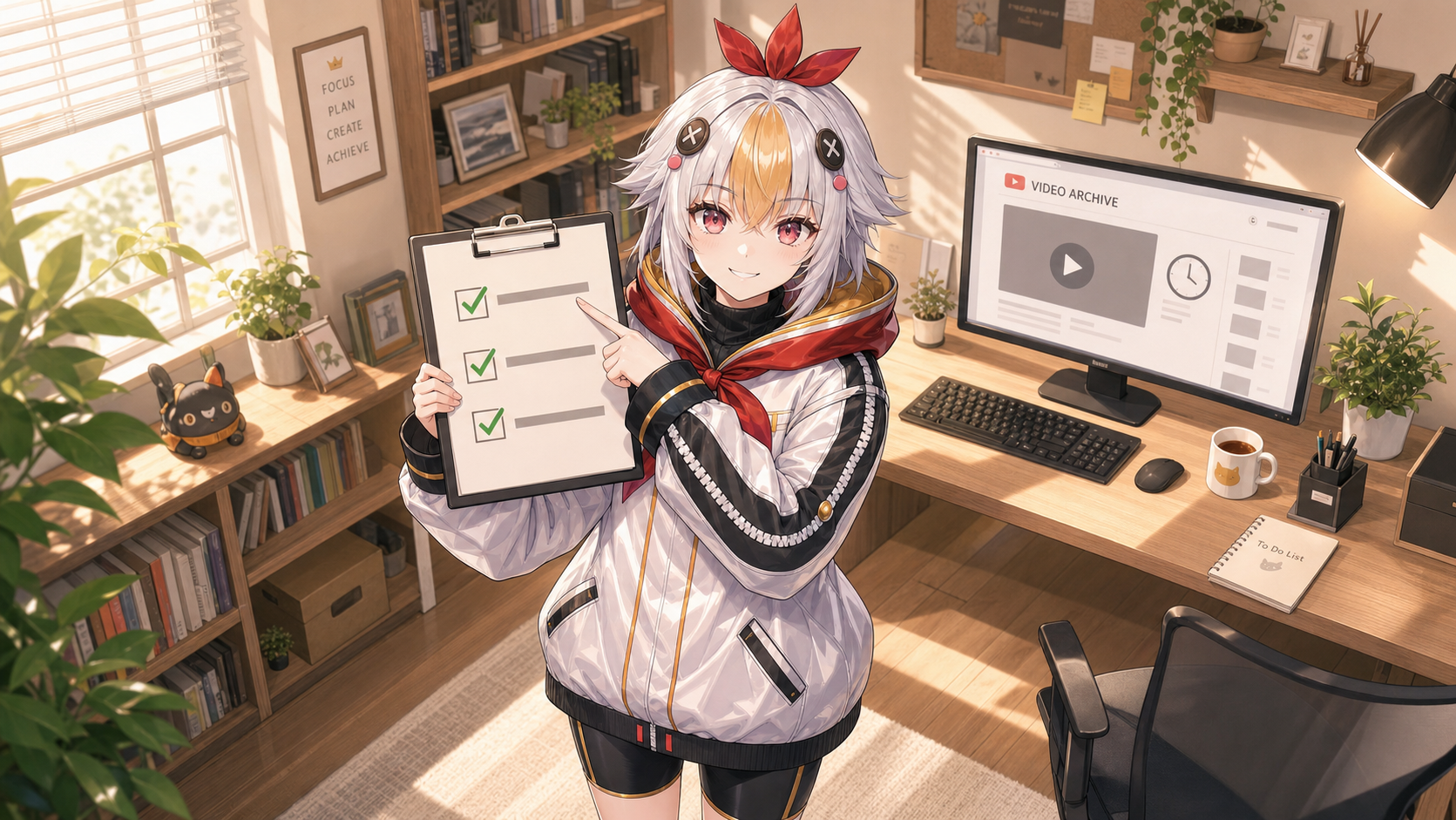 看板娘が初配信後のアーカイブ確認とSNS告知をしているイラスト