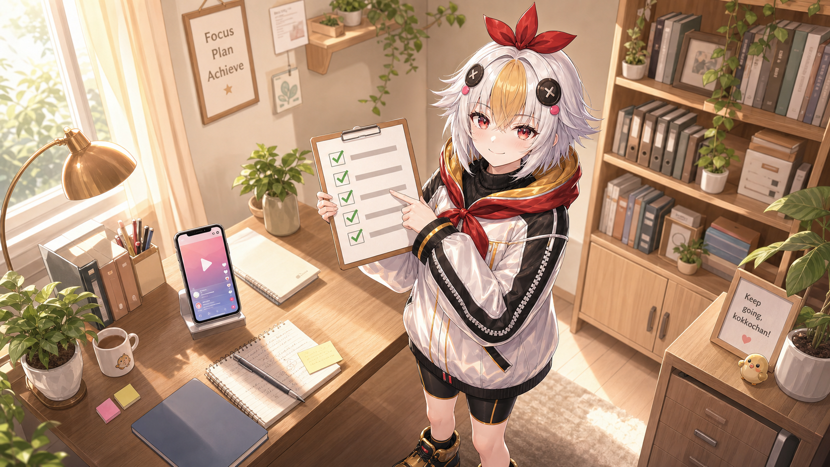 投稿前チェックリストを確認するこっこちゃん