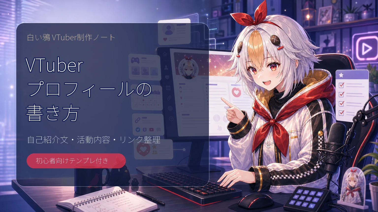 こっこちゃんがVTuberプロフィール作成を説明している挿絵
