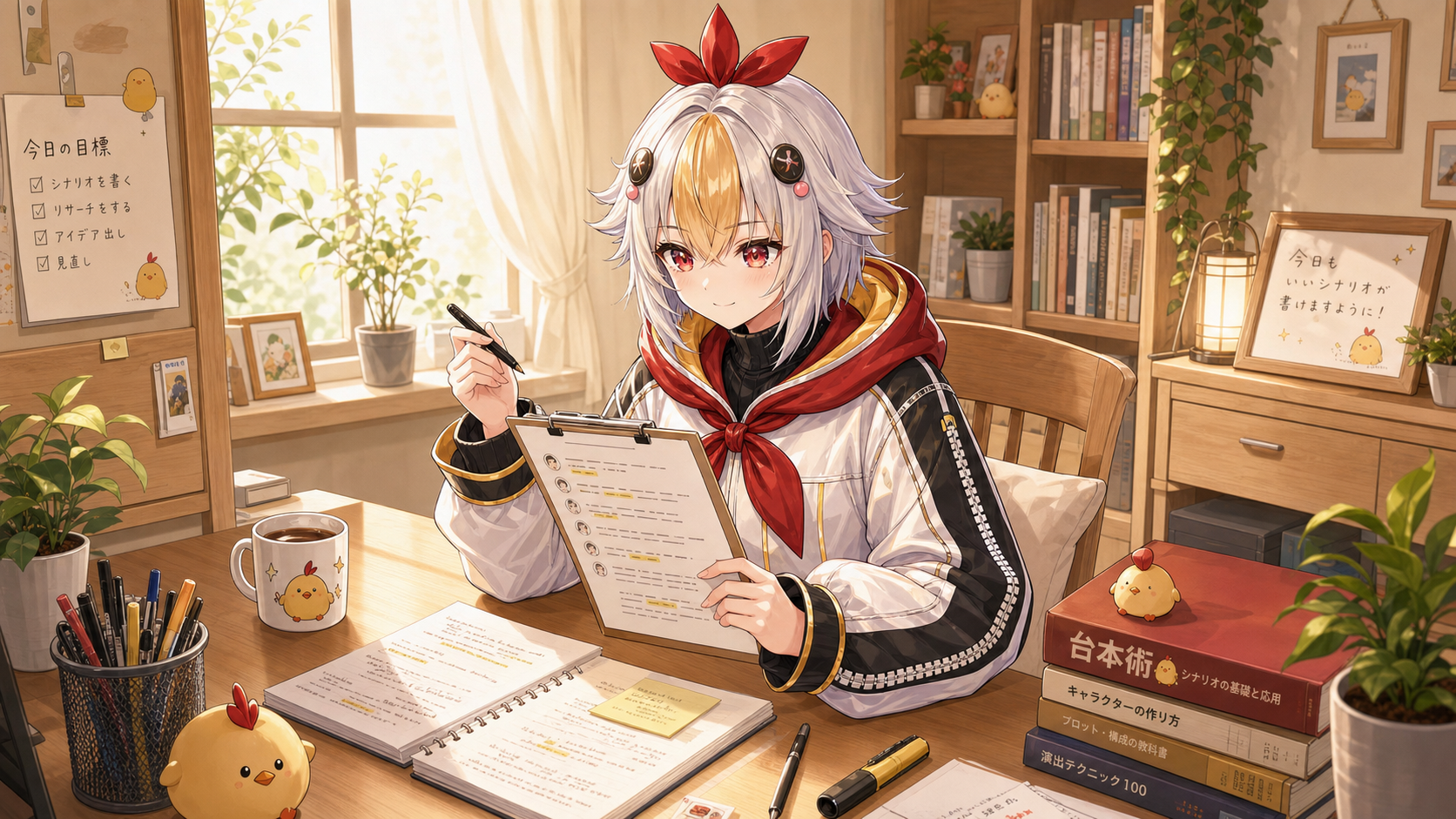 こっこちゃんが台本ノートを書きながら考えている