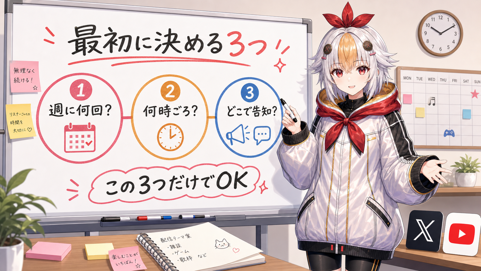 VTuber配信スケジュール表で最初に決める週の回数、時間帯、告知場所の3つを整理した図解