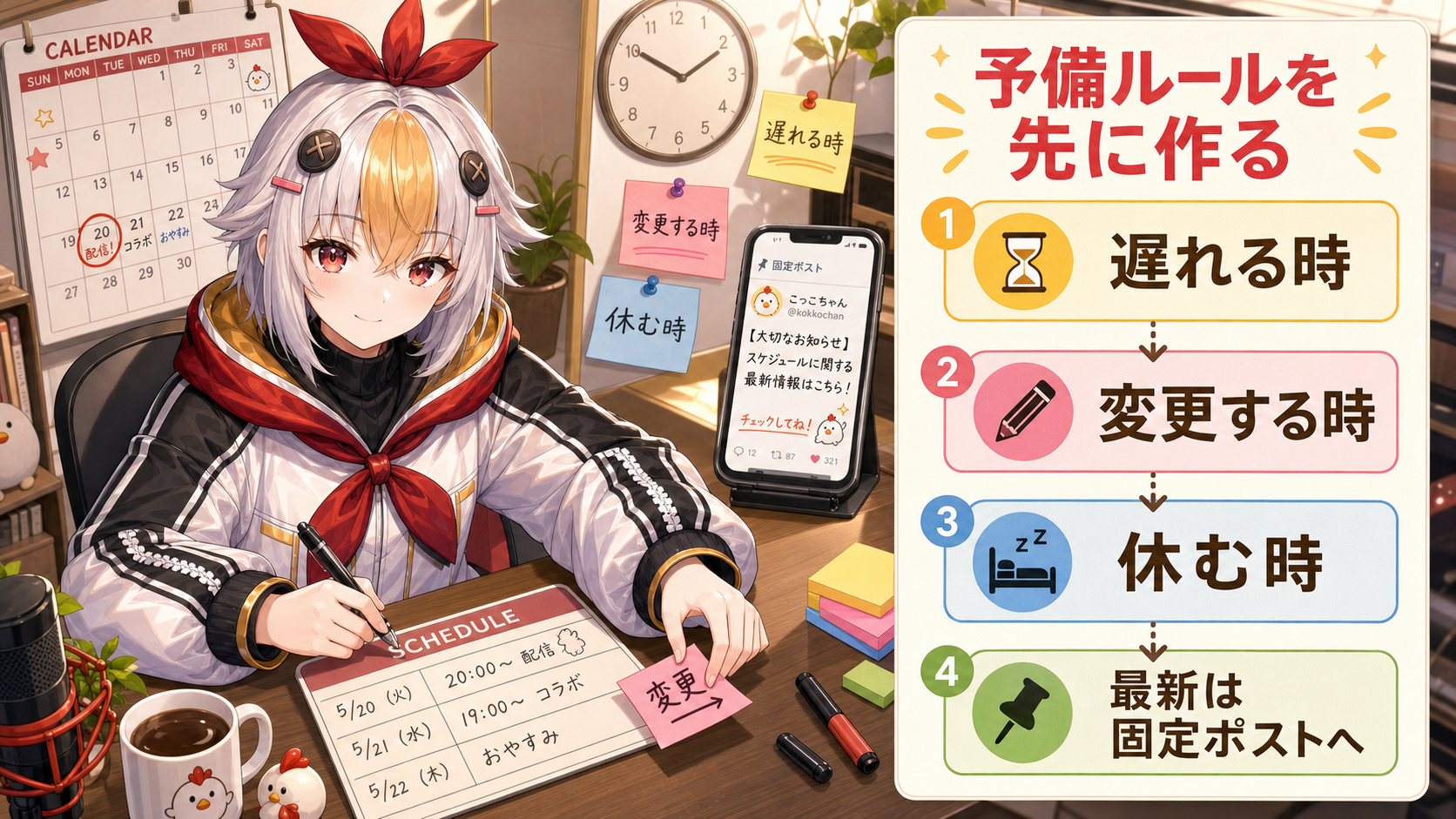 VTuber配信予定の変更時に使う予備ルールを先に決める方法をコッコちゃんが説明する図解