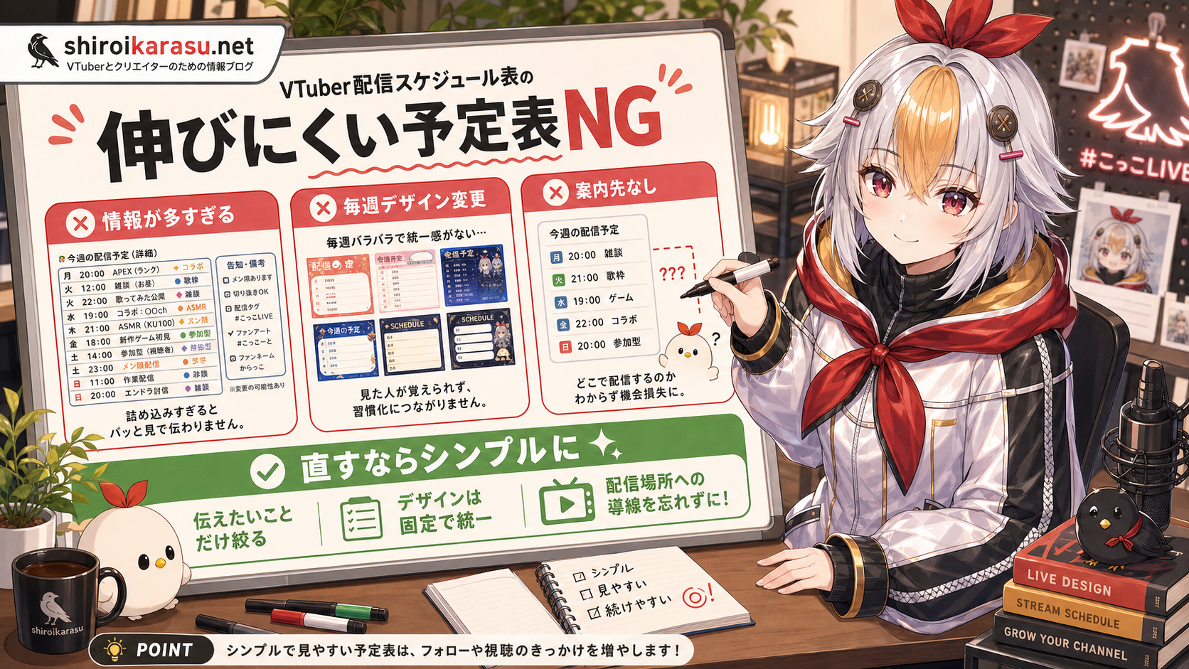 伸びにくいVTuber配信スケジュール表のNG例と改善ポイントをコッコちゃんが示す図解