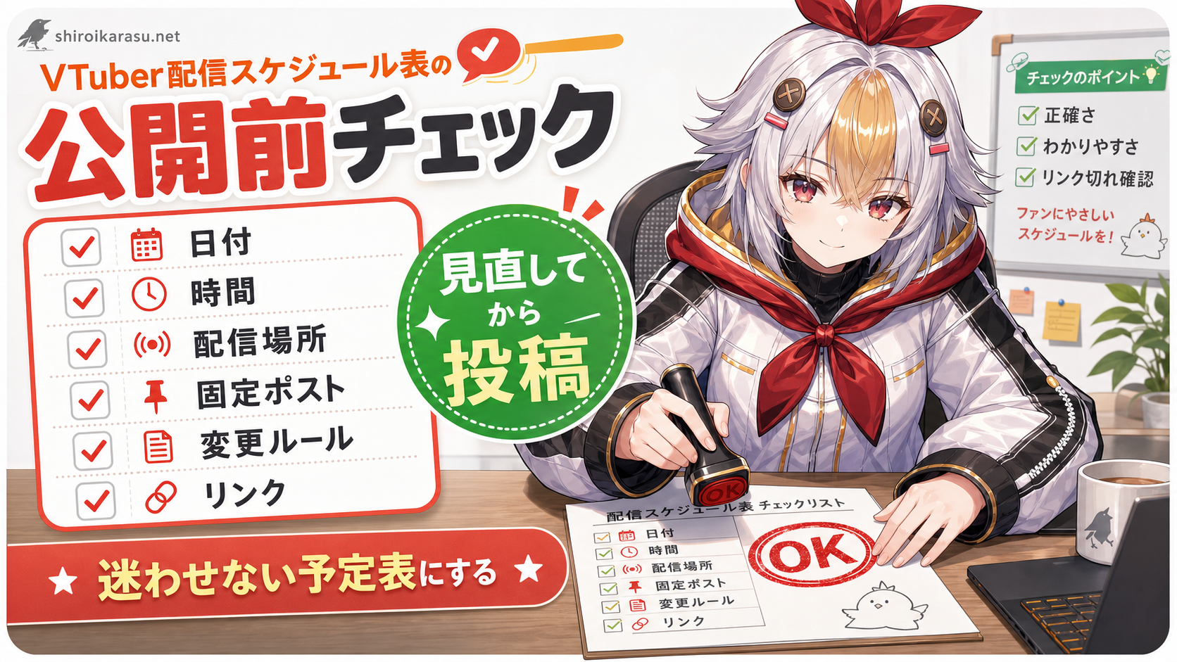 VTuber配信スケジュール表を投稿する前に日付、時間、配信場所、固定ポスト、リンクを見直す図解