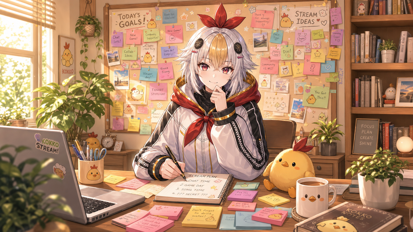 VTuber配信ネタ切れ対策ヒーロー画像 こっこちゃんが企画ノートで5本柱を考えている