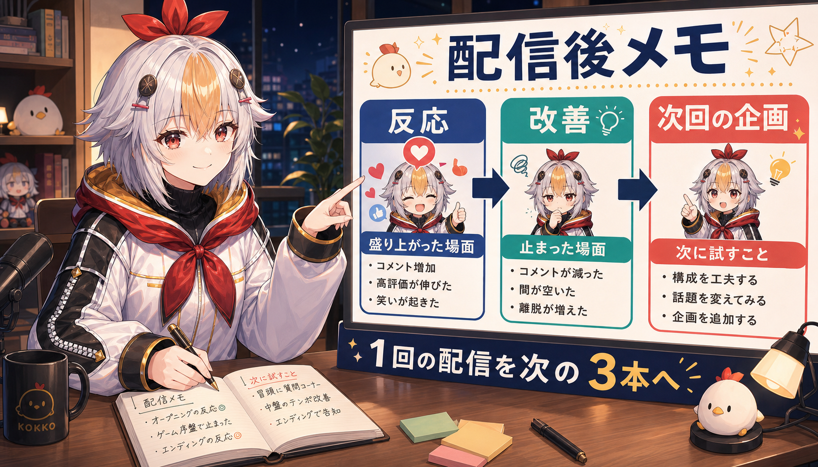 VTuber配信後メモを反応改善次回企画へつなげる図解