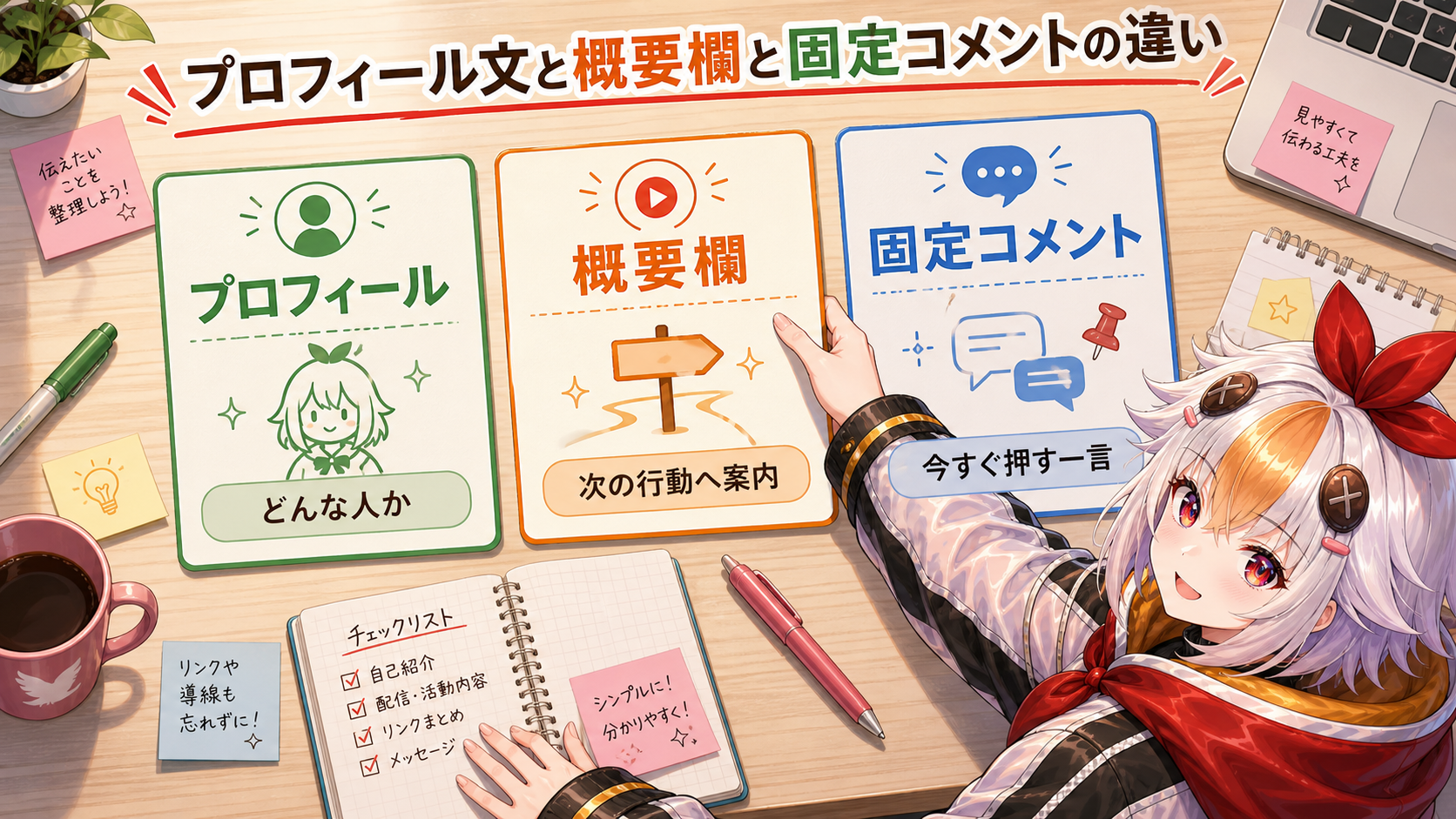 プロフィール文・概要欄・固定コメントの役割の違いを整理した図解