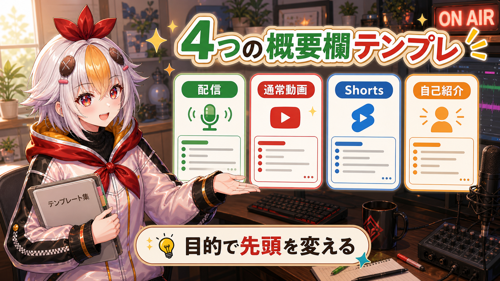 配信・通常動画・Shorts・自己紹介動画の概要欄テンプレート使い分け図解