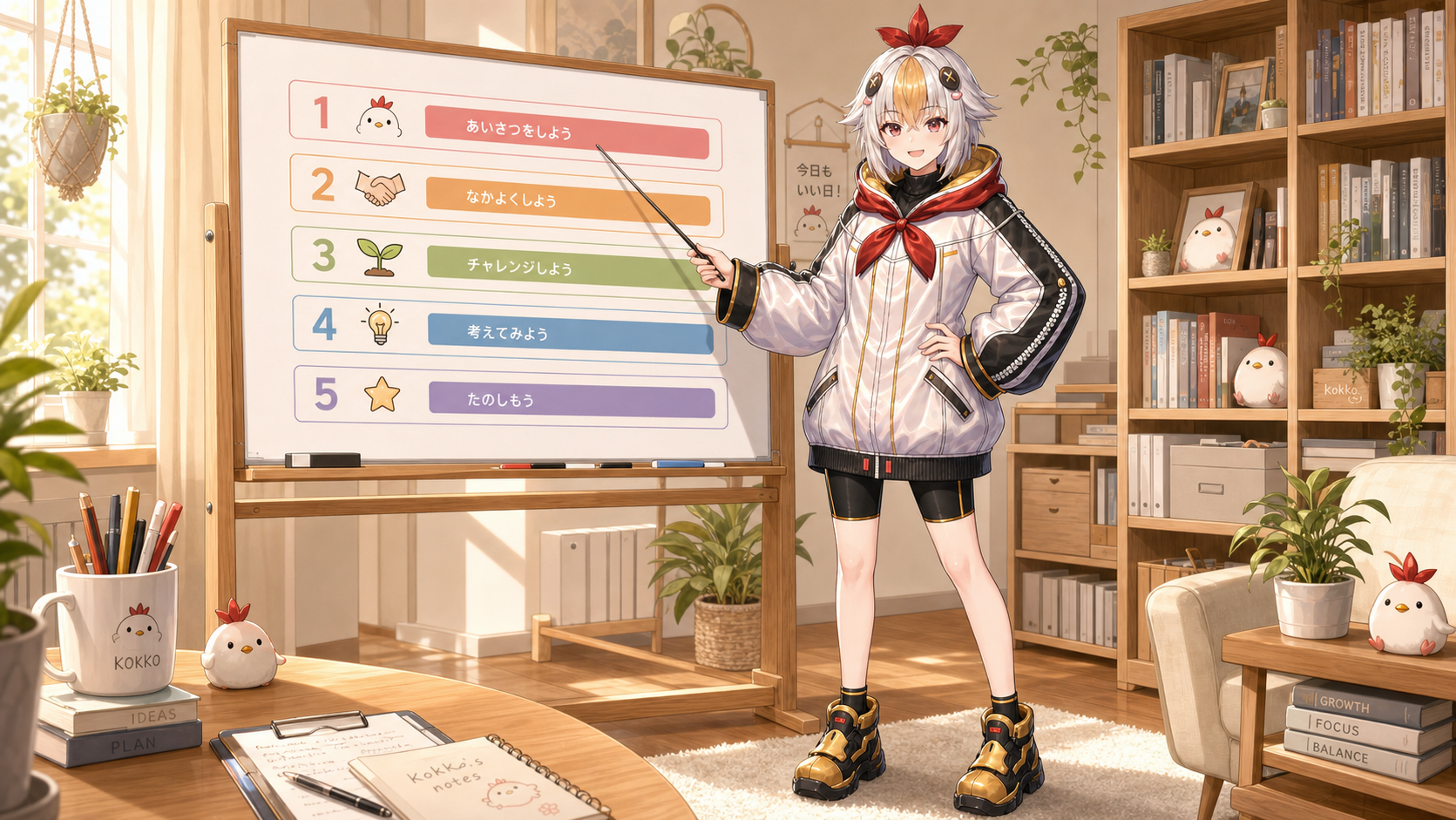 タイトルの基本ルール5つをホワイトボードで説明するこっこちゃん