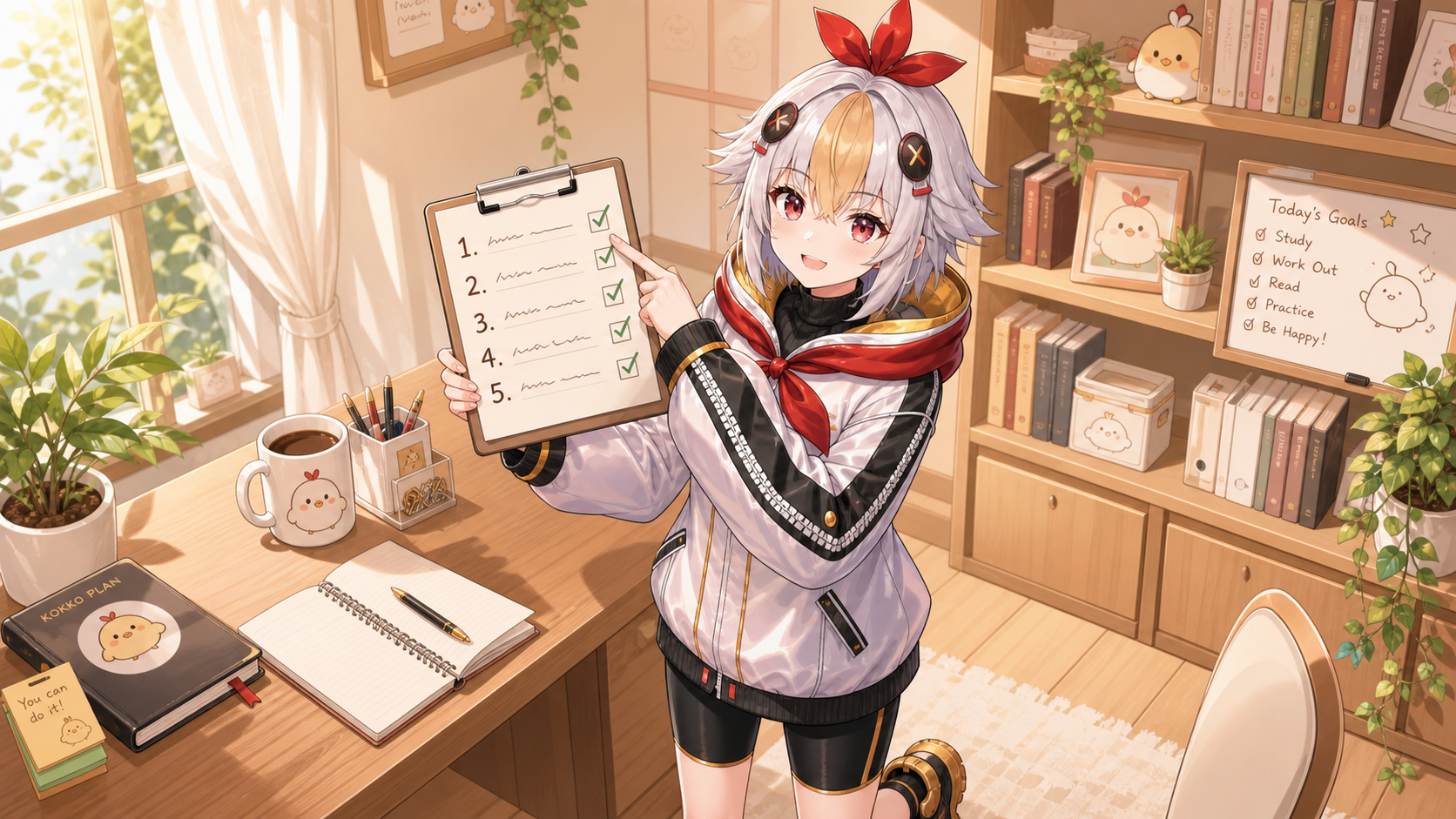 タイトル作成手順のチェックリストを指差すこっこちゃん