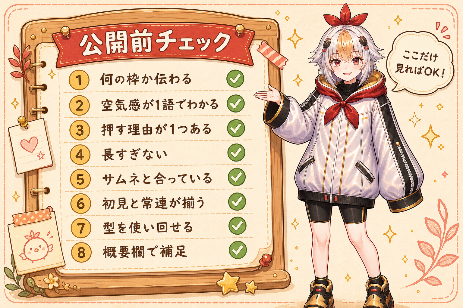 タイトルの公開前チェック8項目の図解とこっこちゃん