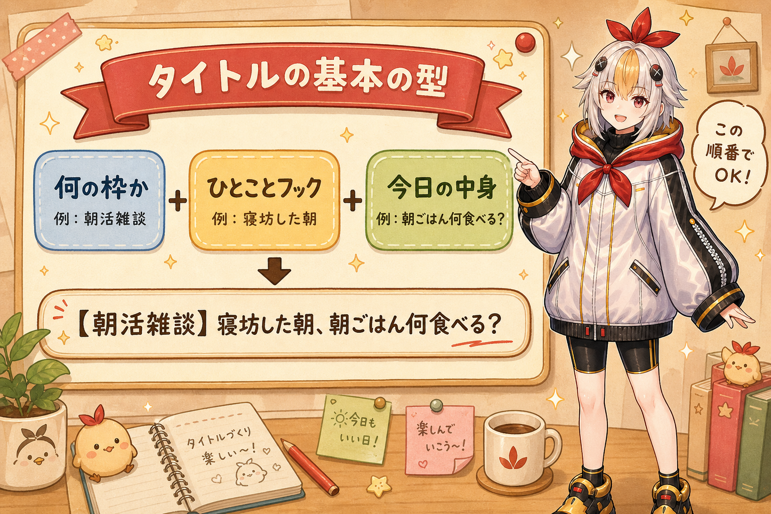 タイトルの基本の型(何の枠か+ひとことフック+今日の中身)の図解とこっこちゃん