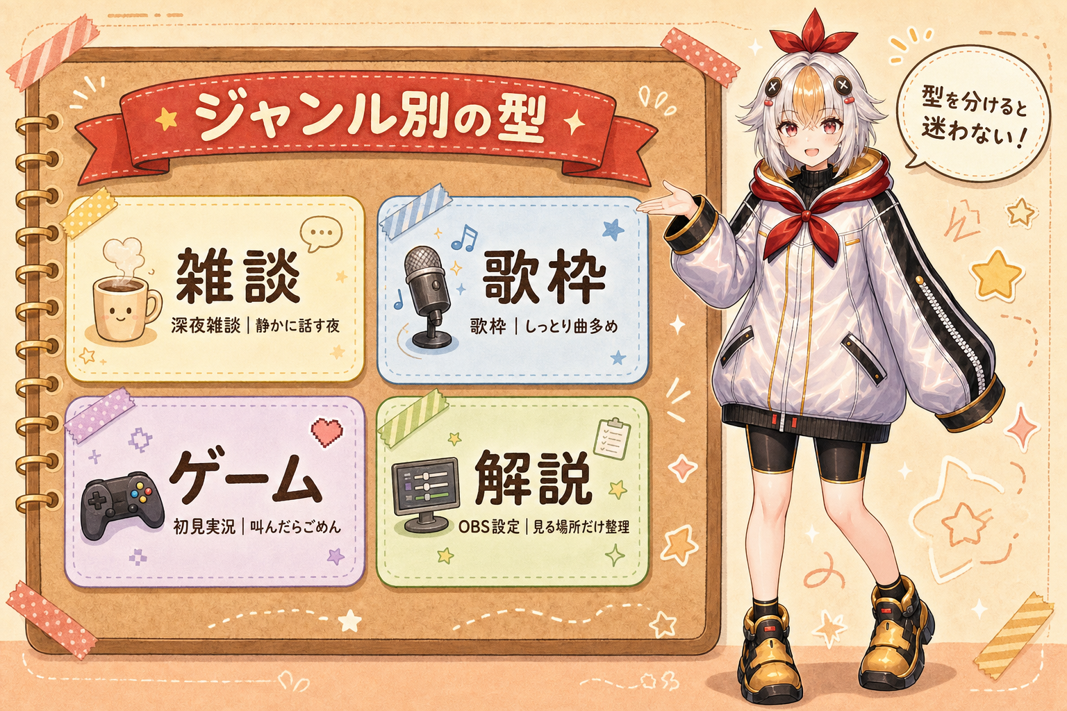 雑談・歌枠・ゲーム・解説のジャンル別タイトルの型の図解とこっこちゃん