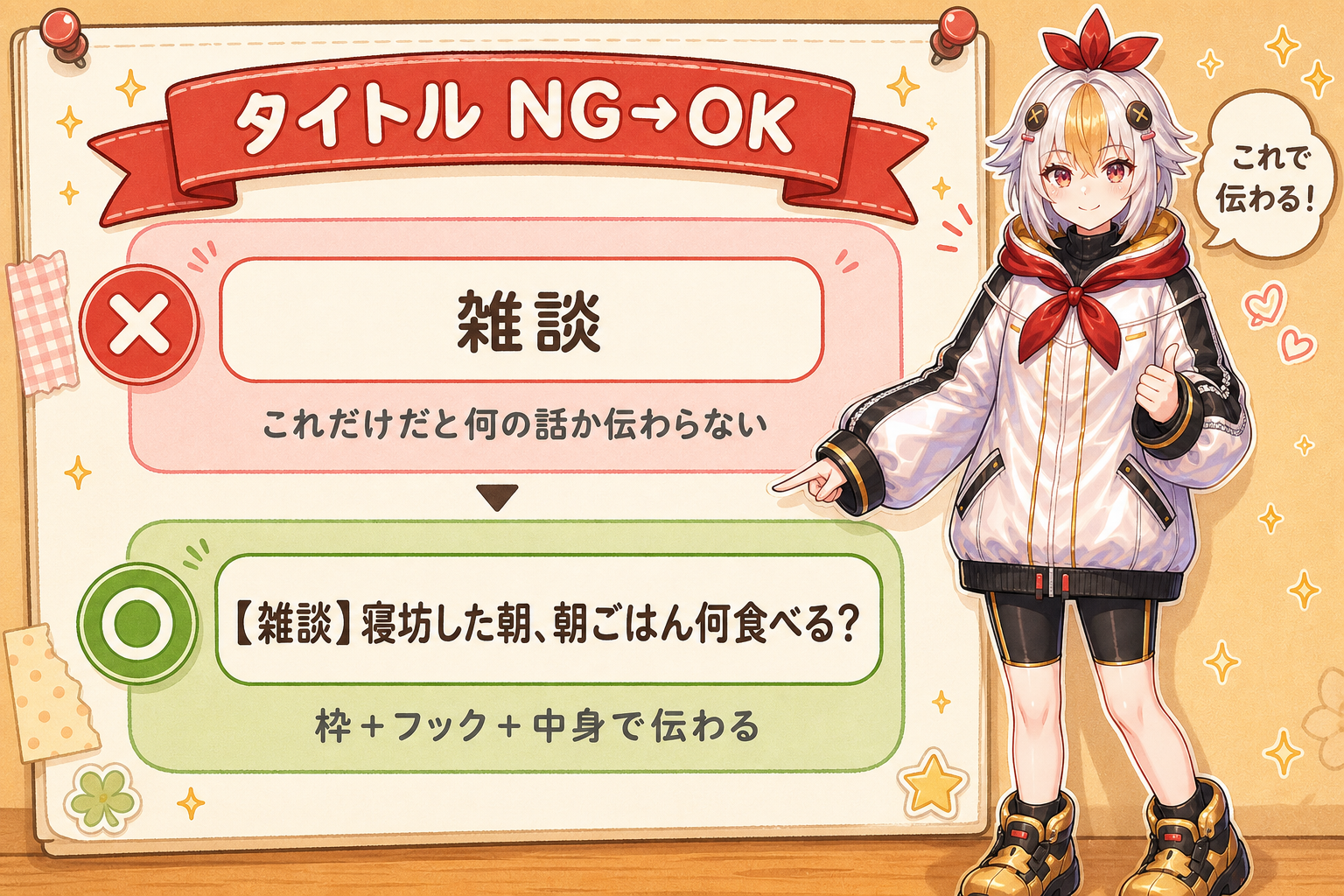 タイトルのNG例とOK例の比較図解とこっこちゃん