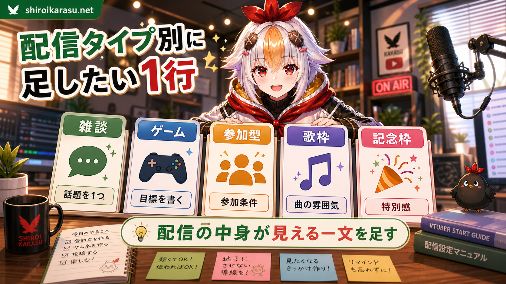 雑談・ゲーム・参加型・歌枠・記念枠ごとに足したい一文を整理した図解。