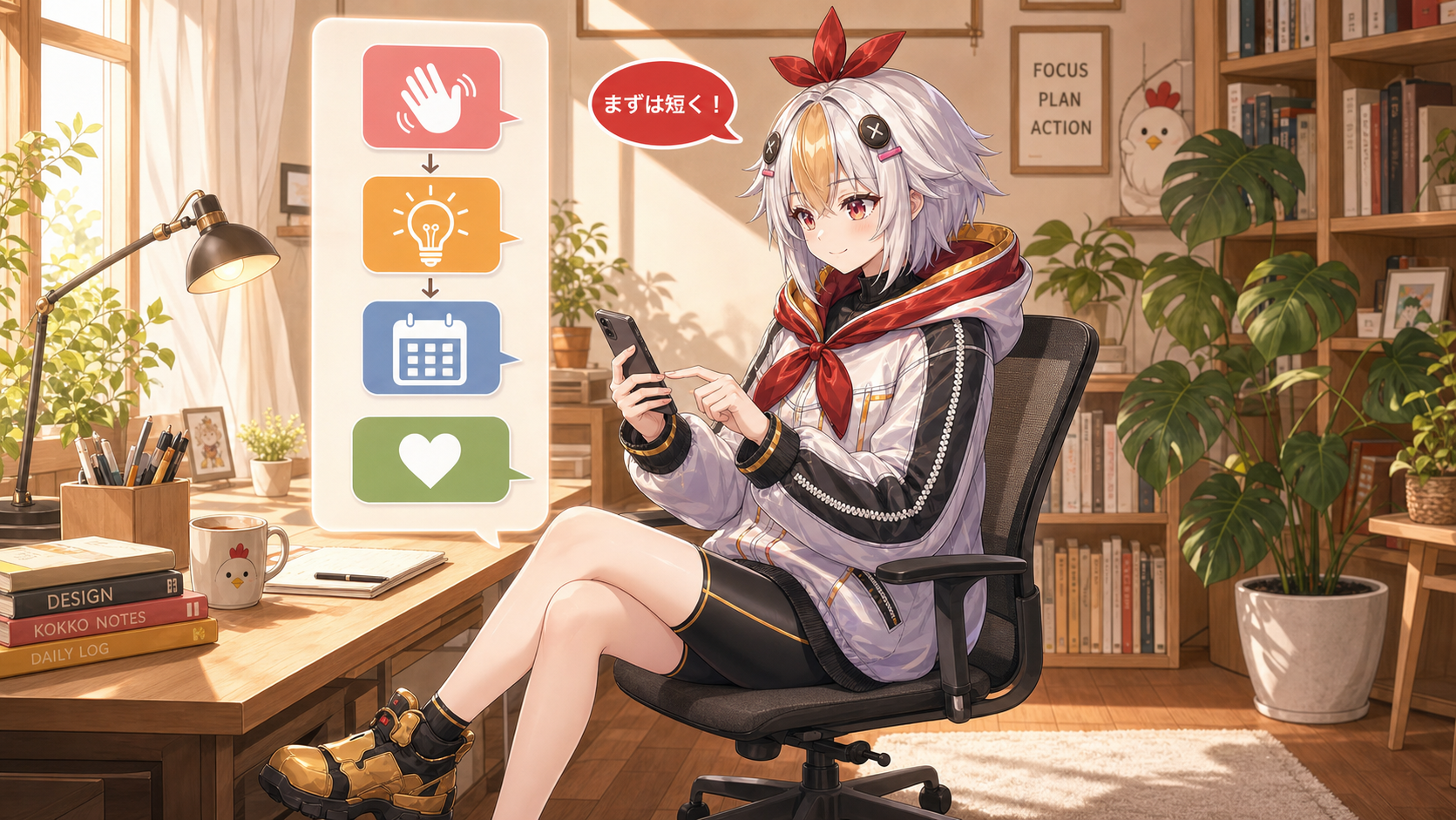 初回DMの基本フローをスマホで確認するこっこちゃん