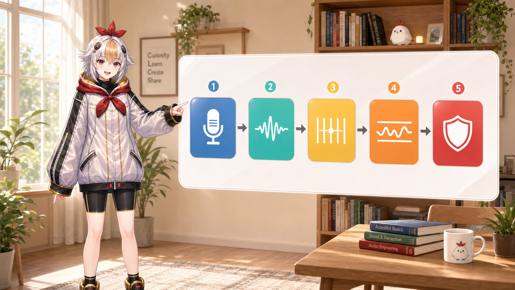 OBSで崩れにくいマイクフィルタの基本の順番を指差すこっこちゃん